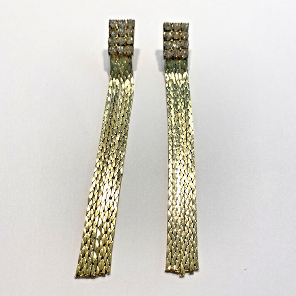 Dramatic Dressy Pierced Earrings Y2K Gold Chain White Rhinestone Runway Dangles - Picture 1 of 8